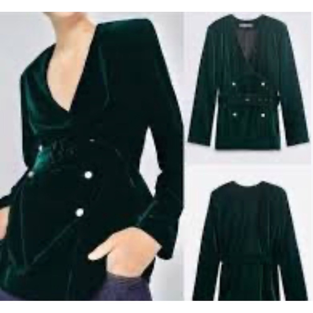 Zara Velvet Double Breasted Belted Blazer Emerald Green Pearl Buttons XS NEW
